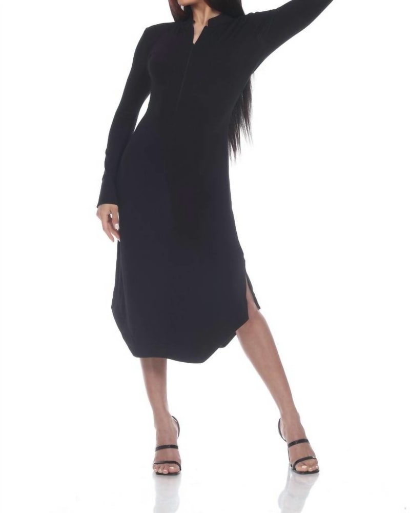 Front of a model wearing a size L Mandy Mandarin Dress in Black in Black by One Essence. | dia_product_style_image_id:342877
